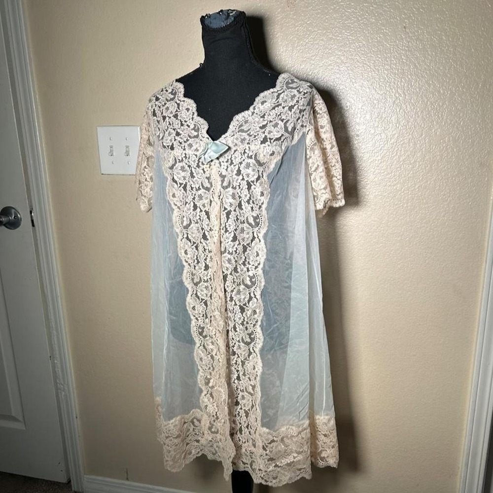 Shadowline Vintage Cream Lace Sheer Nightgown Coquette Dress Medium